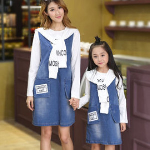 [Autumn and winter new parent-child equipment, children and girls, Qiaomao cowboy vest skirt suit] long version of parent-child equipment, denim skirt + long-sleeved shirt + shape scarf hat / autumn and winter suit /