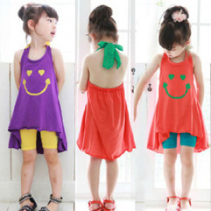 [Children's new spring and summer casual wear] smiling face girl halter dress / five shorts suit / leisure suits / children's clothing ☆ 90-130 ☆ summer picnic, play the water out of the most fashionable cool dress