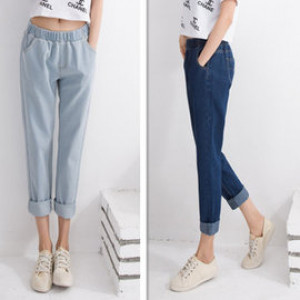 [Big children, girls clothing, parent-child fashion section of wild jeans] this summer, the most popular straight bun jeans 9 points pants ★ elastic Harlan design section 9 pants / brush white jeans