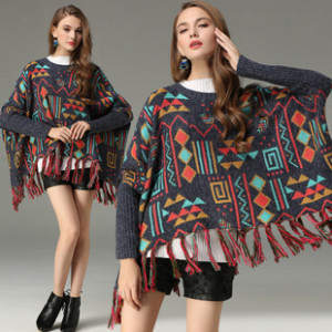 Big quality autumn and winter geometric jacquard rabbit fur cape sweater thickened fringed sweater make your autumn and winter warm and beautiful, long paragraph wild shawl coat is not heavy but very warm, 