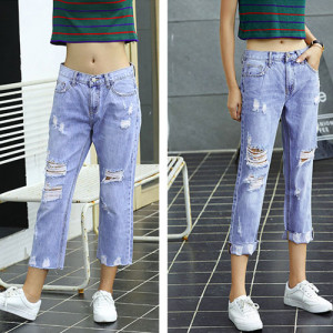 [Big children, girls clothing, parent-child fashion section of the popular jeans] this summer's most popular hole 100 掿 cowboy 9 pants ★ loose small straight nine pants / brush white jeans